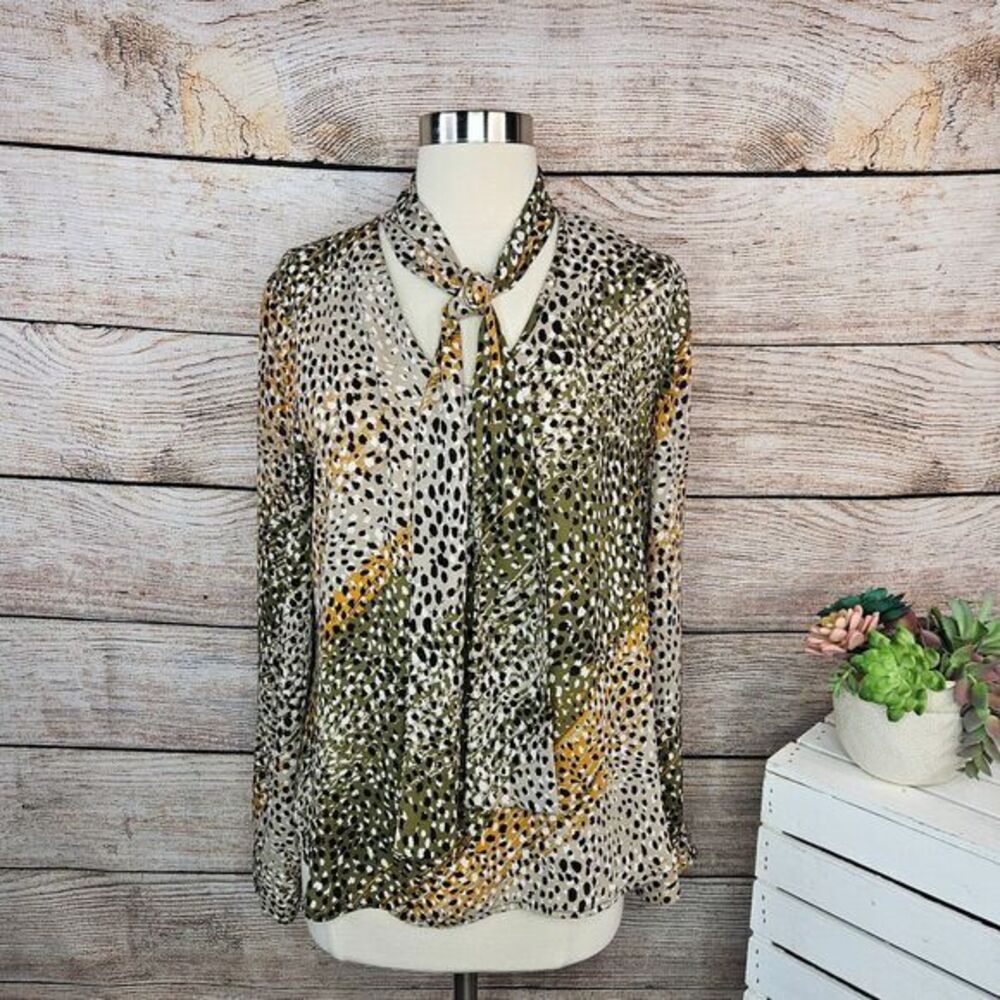 Bar III Animal Print Blouse‎ Olive Green Yellow Abstract Pattern Size M